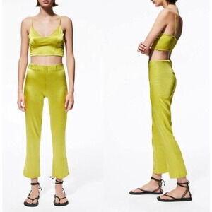 Zara Satin Effect Pull-On High-Rise Pants in Bottle Green Chartreuse, Size Small